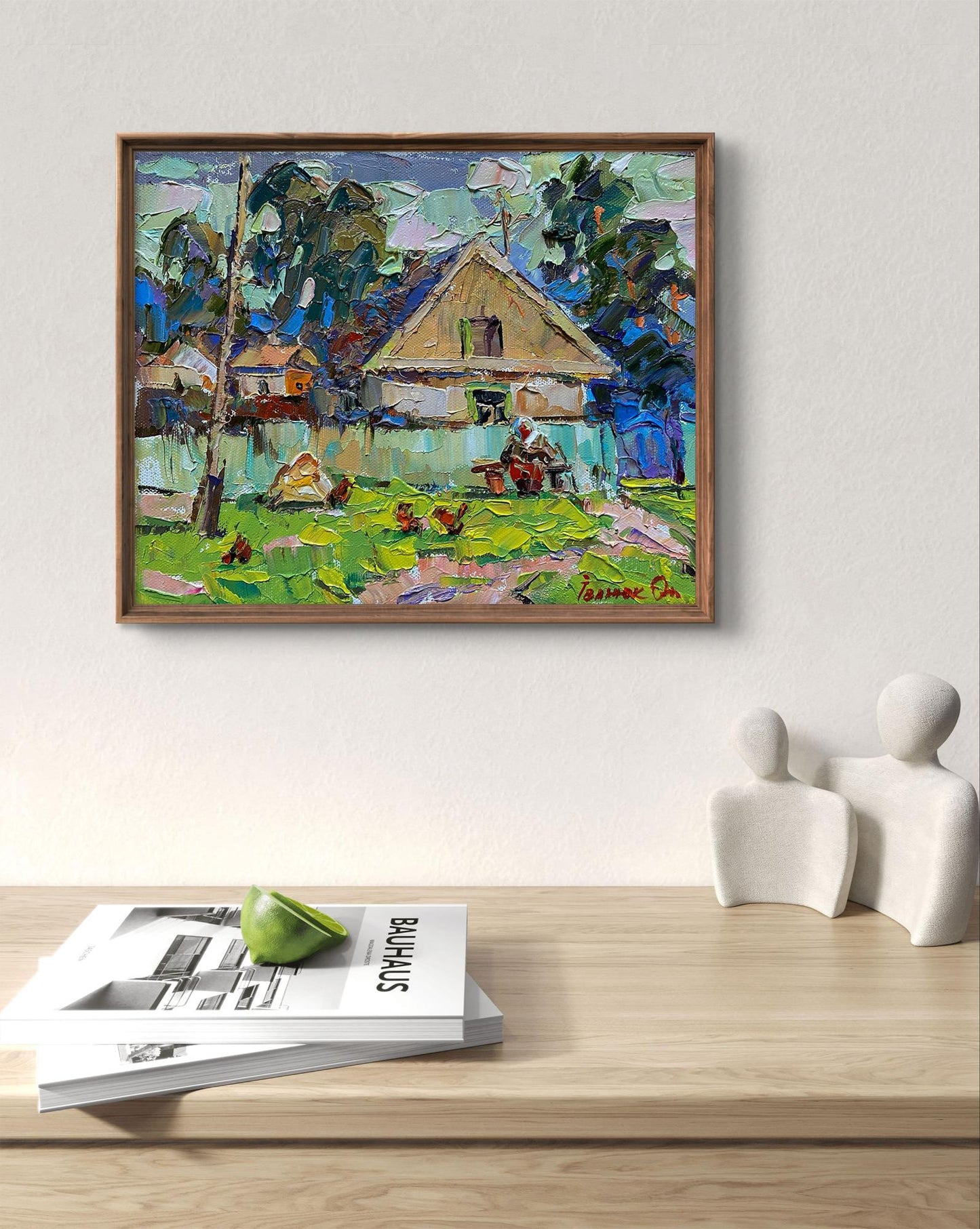 Oil painting Near the Yard by Oleksiy Ivanyuk: vibrant rustic village scene