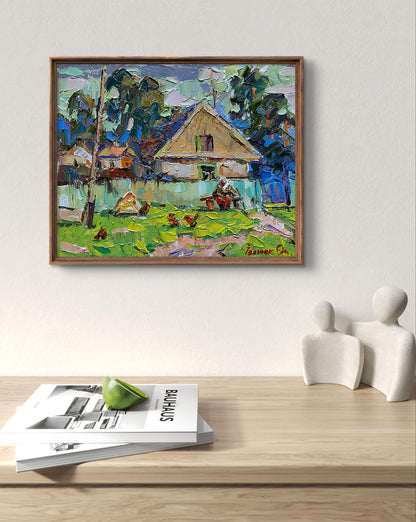 Oil painting Near the Yard by Oleksiy Ivanyuk: vibrant rustic village scene