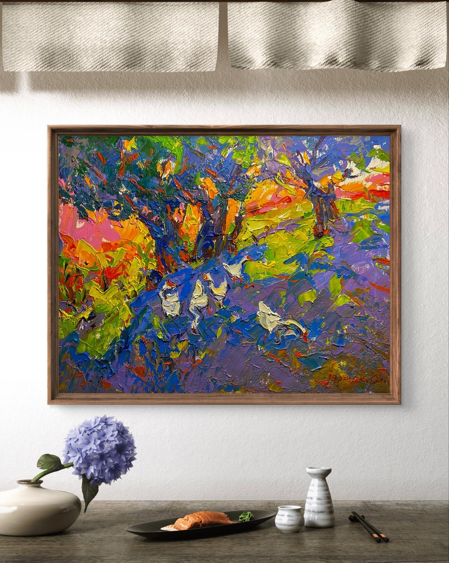 Vibrant Oleksiy Ivanyuk oil painting of geese under willow in impressionist style