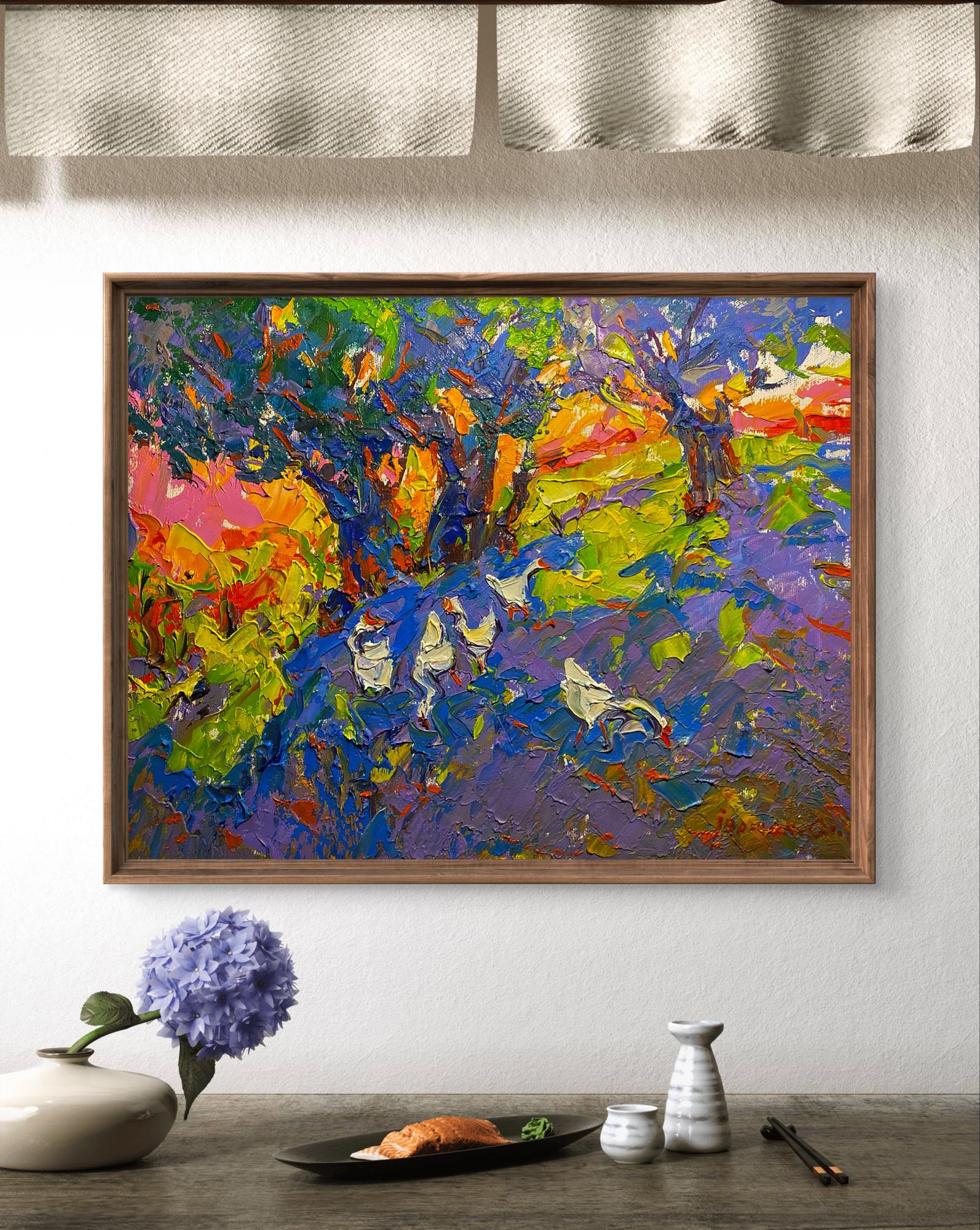 Vibrant Oleksiy Ivanyuk oil painting of geese under willow in impressionist style