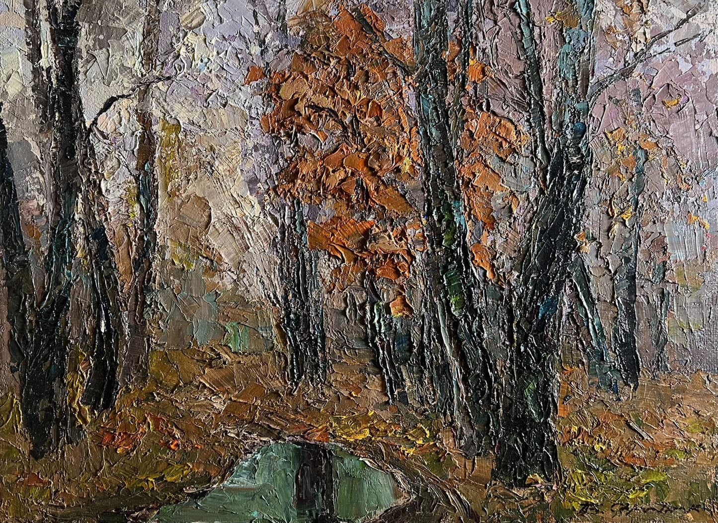 Oil painting Cloudy autumn day by Boris Serdyuk: textured forest scene