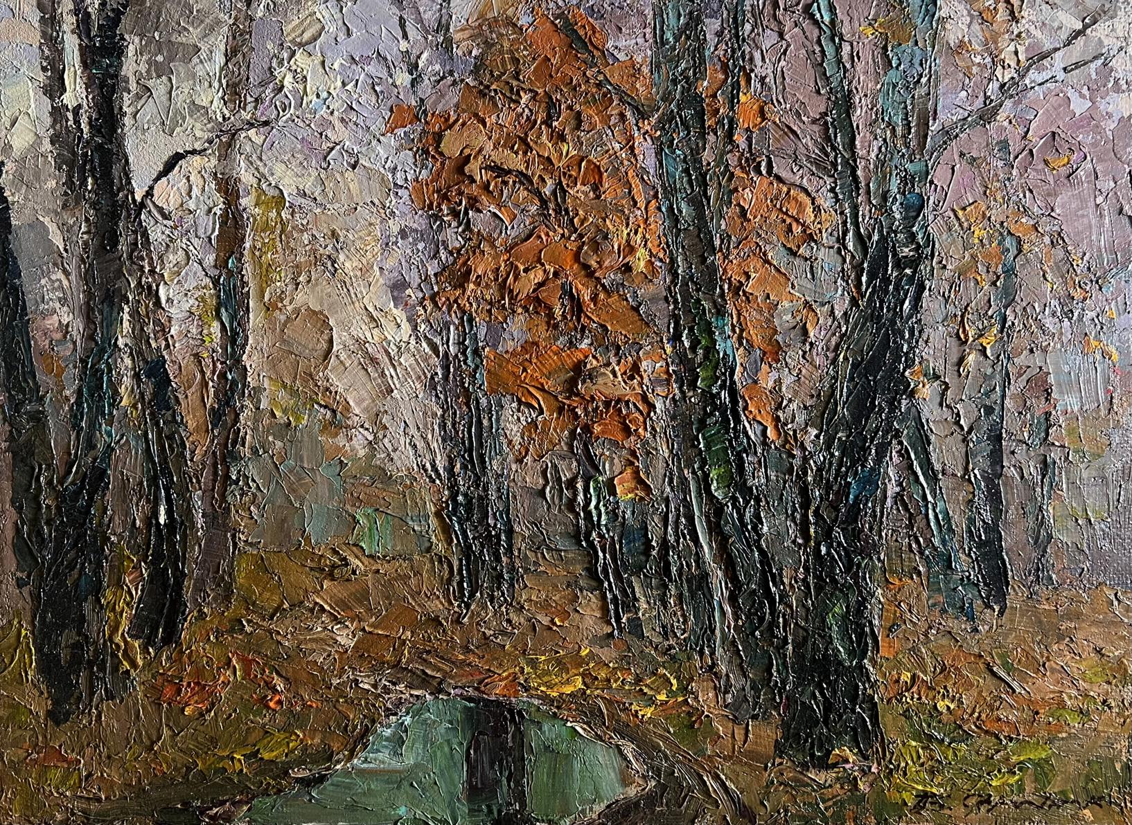 Oil painting Cloudy autumn day by Boris Serdyuk: textured forest scene
