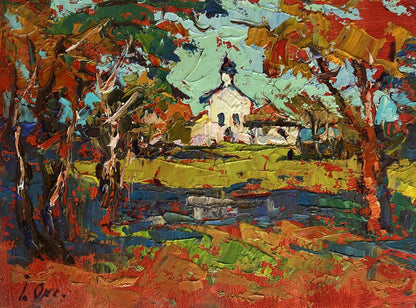 Impressionistic oil painting of Oksana Ivanyuks Autumn bell ringing church tower amid fall trees