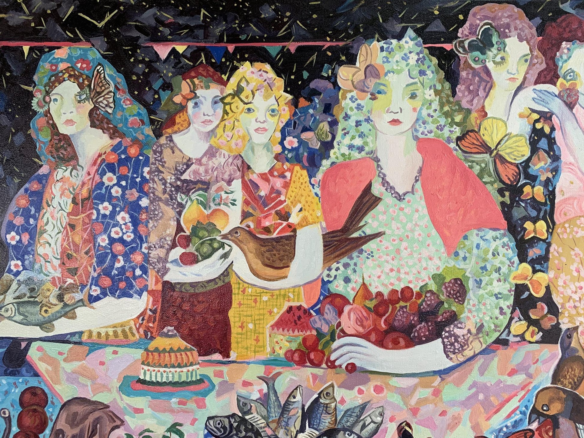 Oil painting Girls at the table by V. Konotopsky, vibrant women in floral dresses
