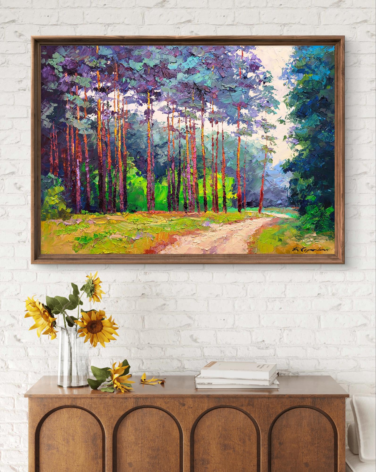 Oil painting Forest road by Boris Serdyuk in rustic wooden frame