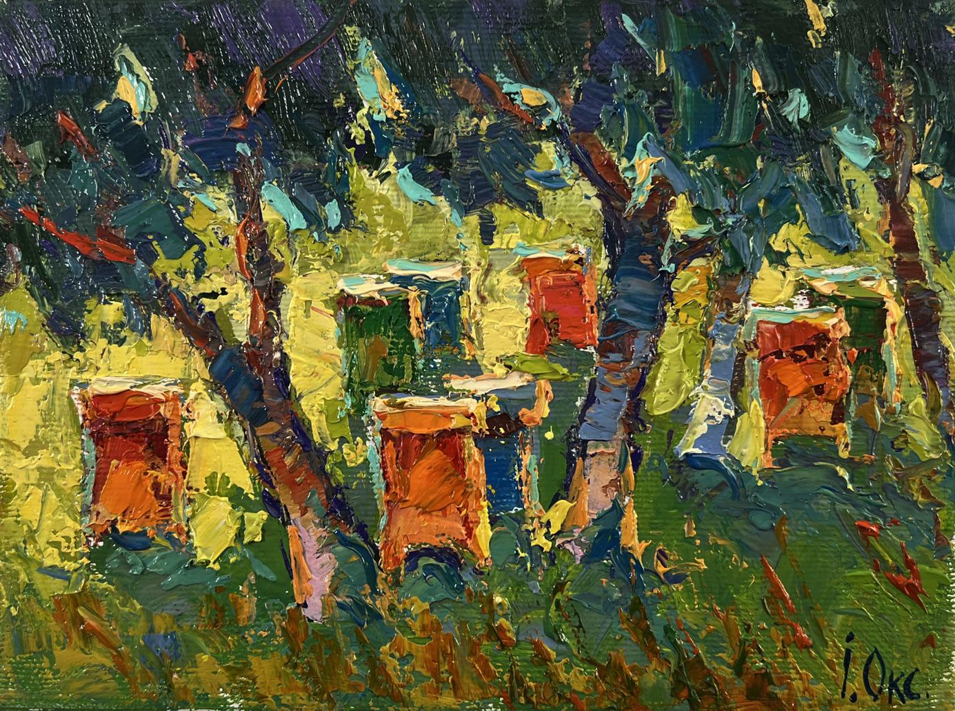 Vibrant impressionist oil painting Apiary in the forest by Oksana Ivanyuk