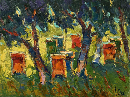 Vibrant impressionist oil painting Apiary in the forest by Oksana Ivanyuk