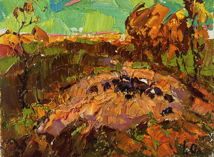 Vibrant impressionistic oil painting by Oleksiy Ivanyuk of sunny rocky hillside