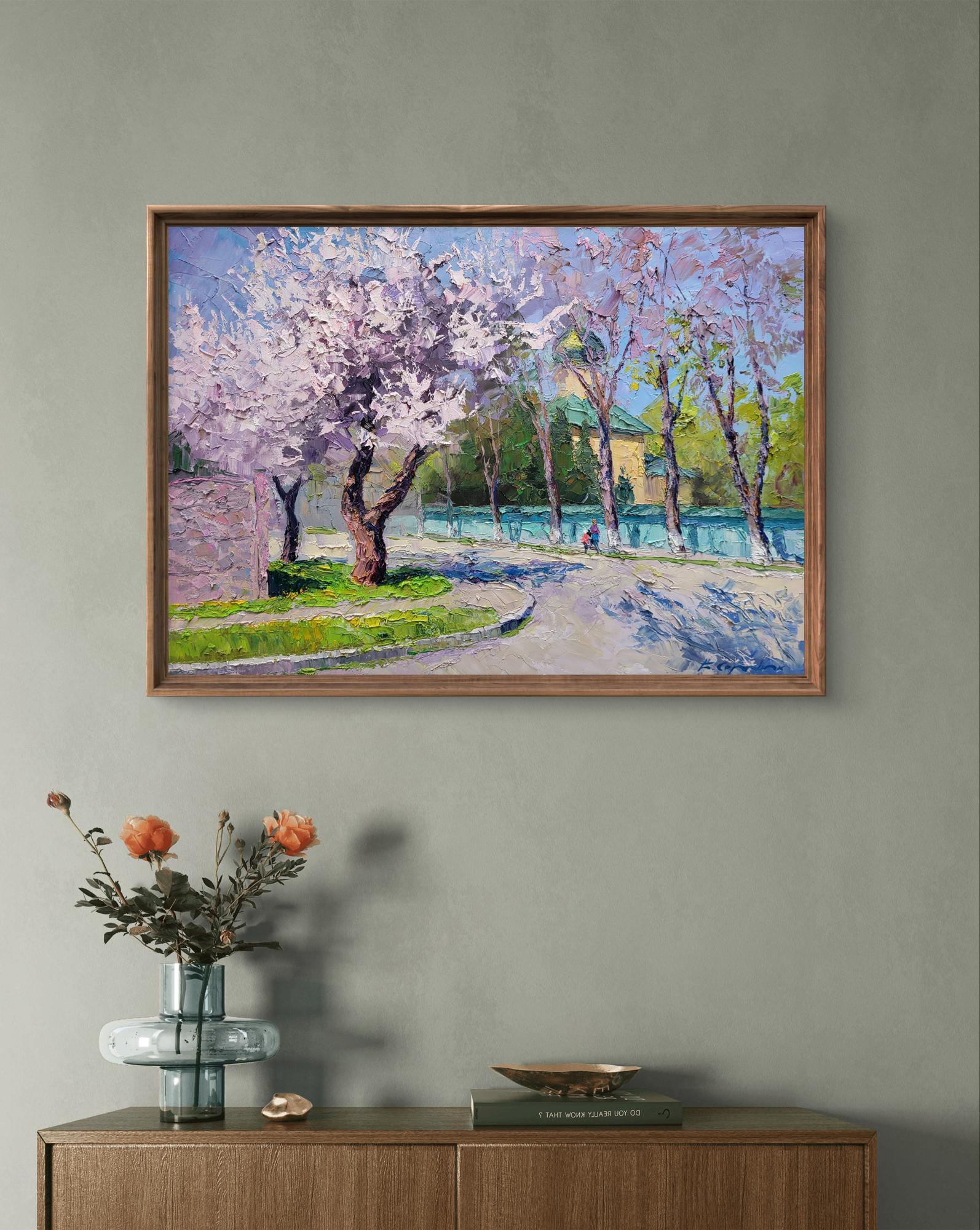 Oil painting of apricot blossom by Boris Serdyuk in wooden frame
