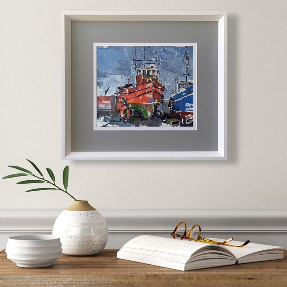 Oil painting of red blue fishing boat in port by Volodymyr Gluhomanyuk