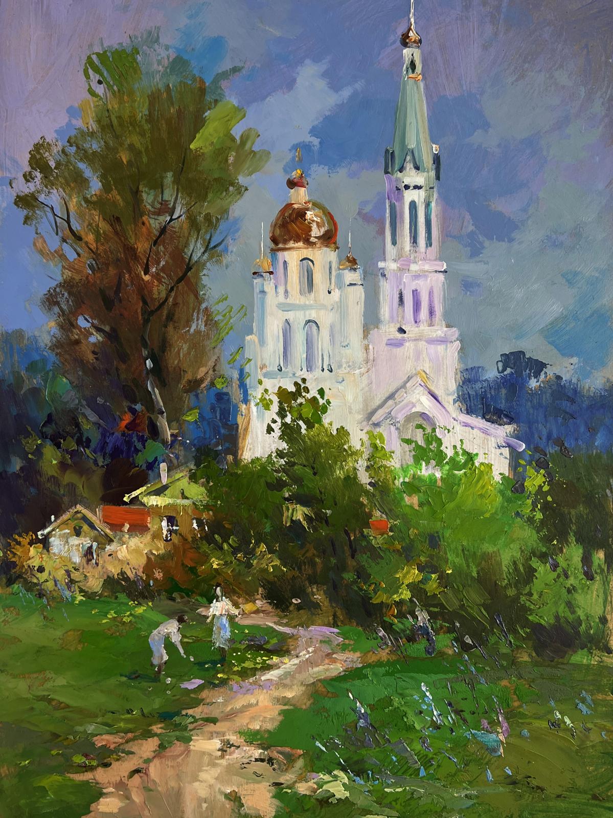 Oil painting of white church with golden domes by Yuri Suprunchuk