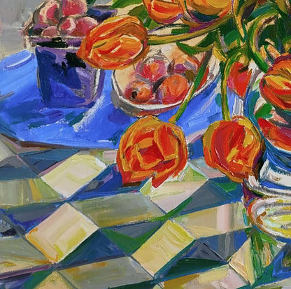 Vibrant orange tulips bouquet oil painting by Leonid Pavlenko