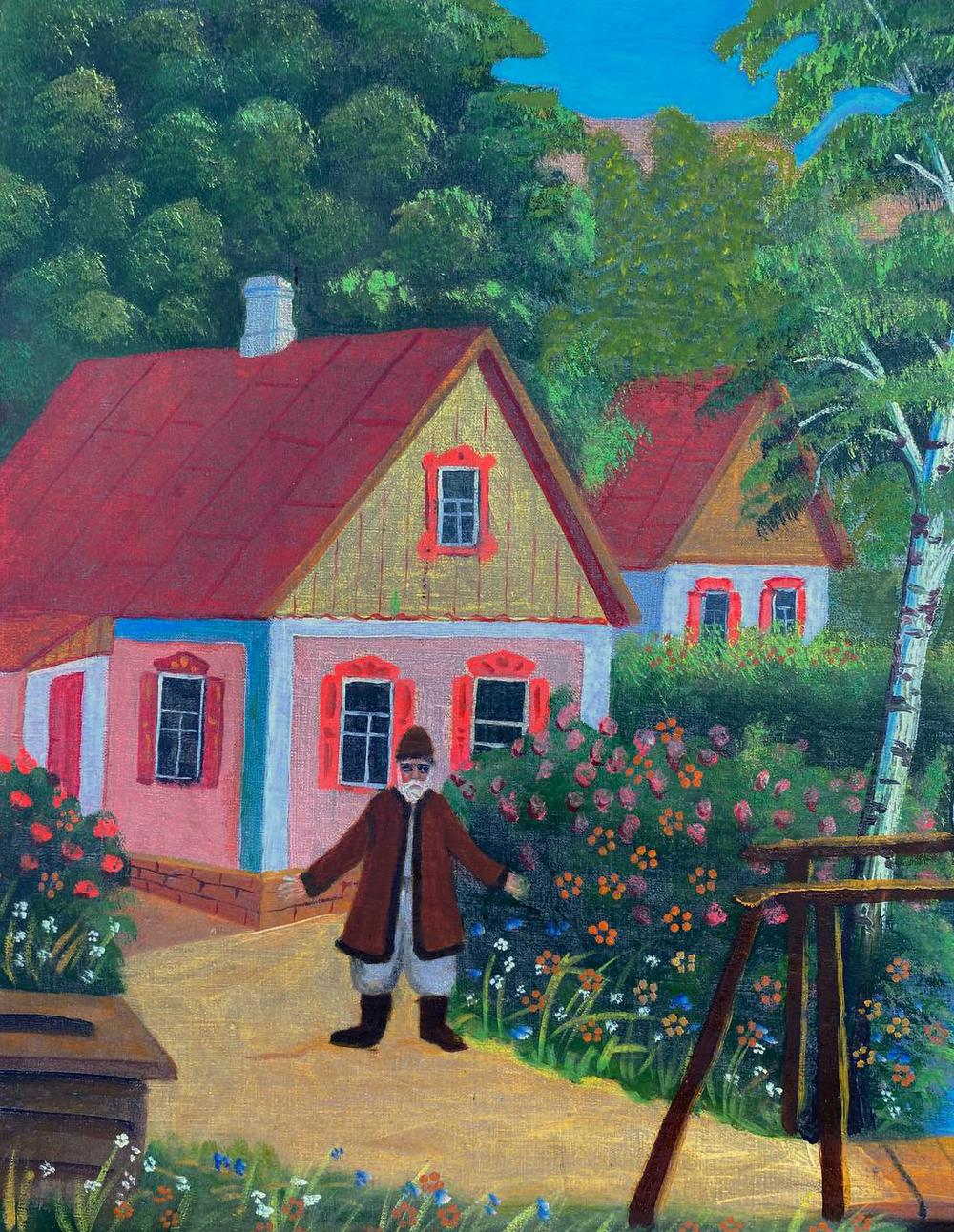 Oil painting of young couple on bridge in charming cottage with red roof