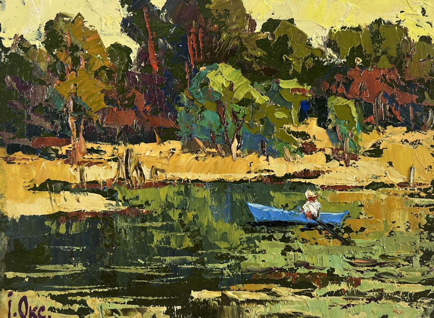 Oil painting Dawn over a quiet river by Oksana Ivanyuk rowboat scene