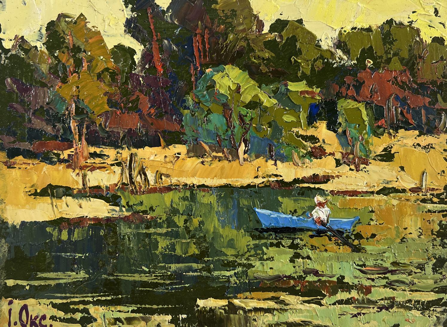 Oil painting Dawn over a quiet river by Oksana Ivanyuk rowboat scene