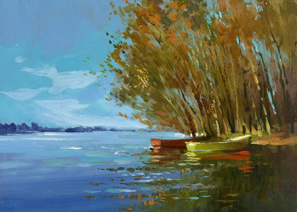Oil painting by Yuriy Suprunchuk: red and green boats under autumn trees