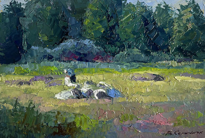 Vibrant impressionist painting of a pastoral scene with lush green fields, dark foliage in the background, and scattered sheep resting under soft sunlight.