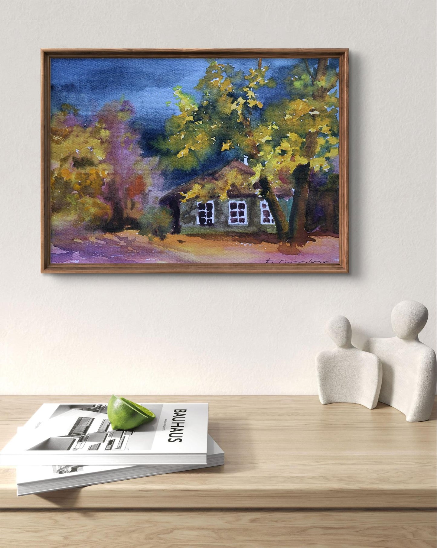 Framed watercolor Leaves at the Doorstep by Boris Serdyuk rustic house in autumn trees
