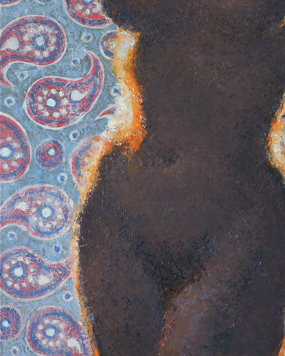 Oil painting portrait of female figure Oksana Osnach with vibrant paisley on rusted metal