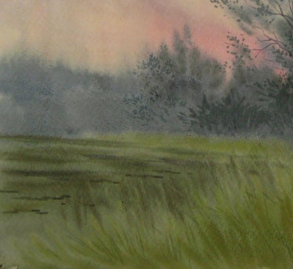 Watercolor painting Before the Rain by Valery Savenets misty field