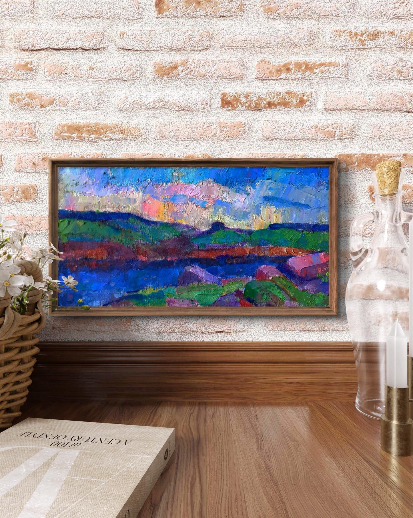 Oil painting of river and sunset over meadows by Pavel Dobrev
