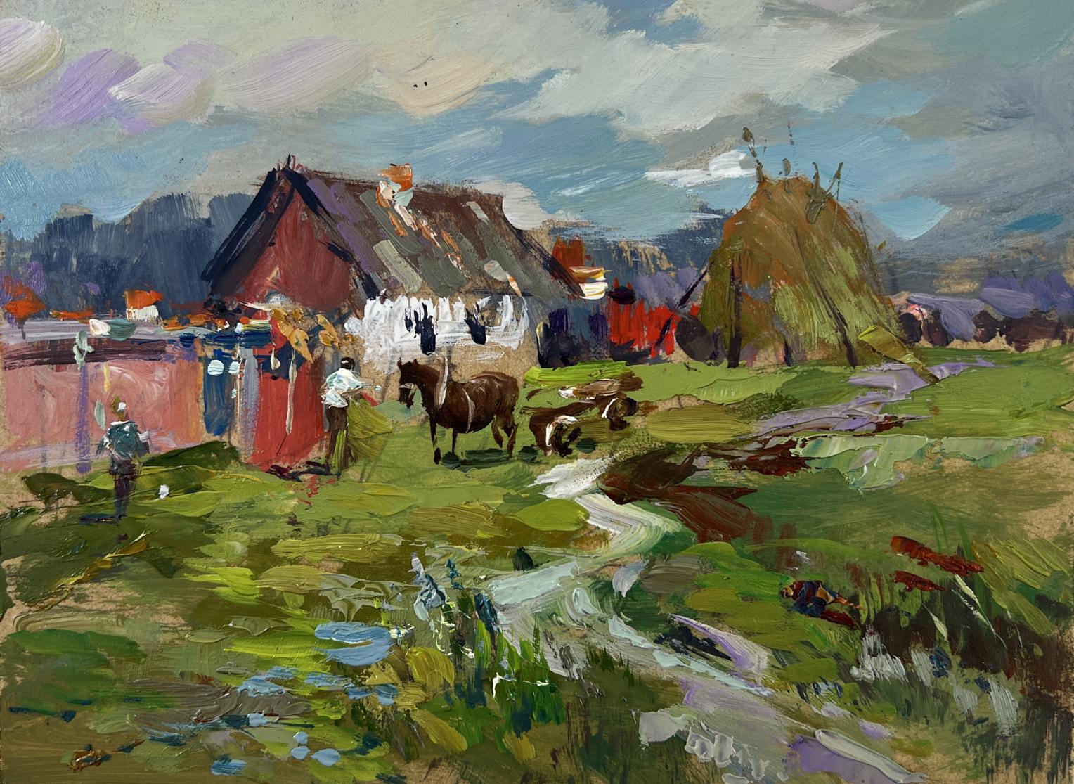 Rustic red-roofed farmhouse with horses by hay in Yuriy Suprunchuk oil painting