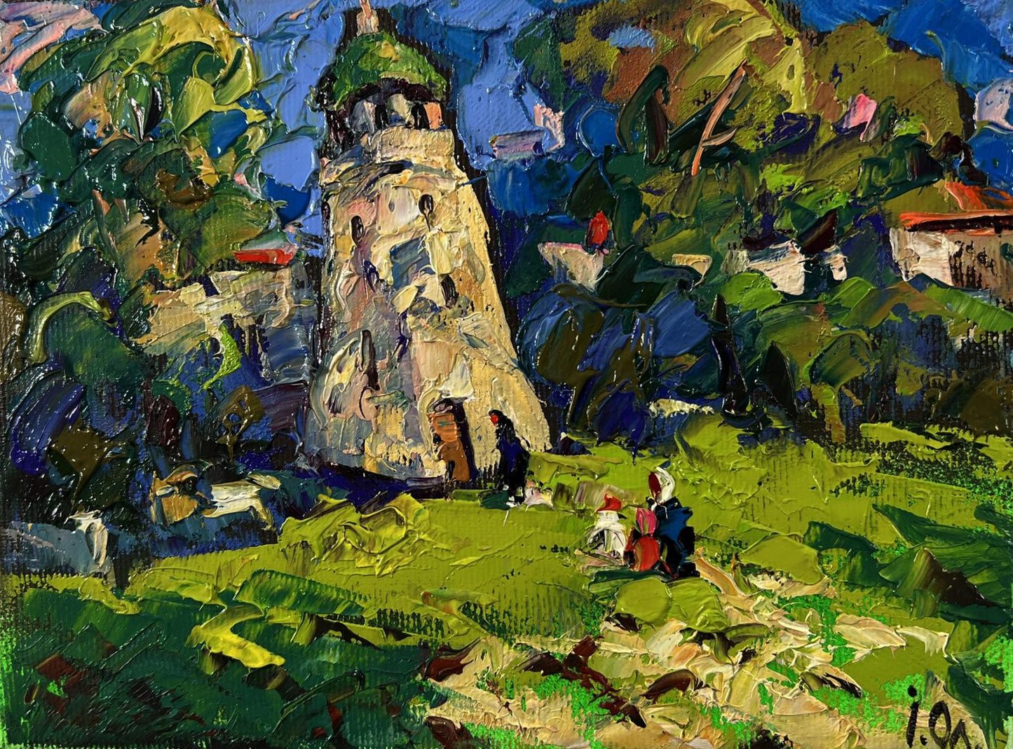 Oil painting of chapel near village by Oleksiy Ivanyuk with stone tower