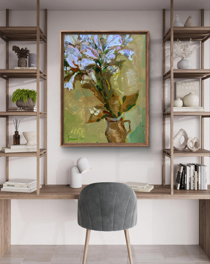 Oil painting Flowers in a jar by Oksana Ivanyuk in warm wooden frame