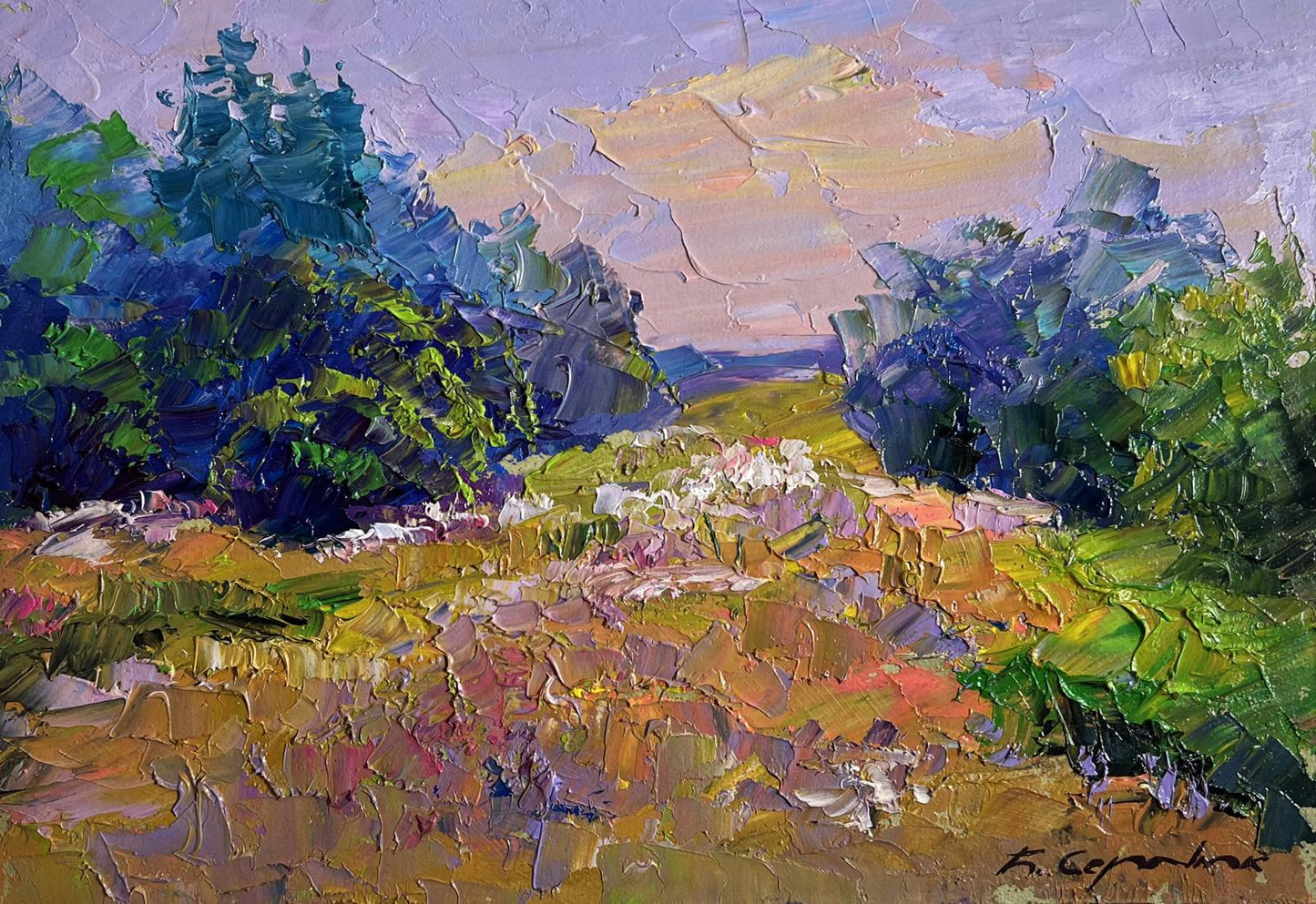 Vibrant impressionist oil painting of summer flower meadow by Boris Serdyuk