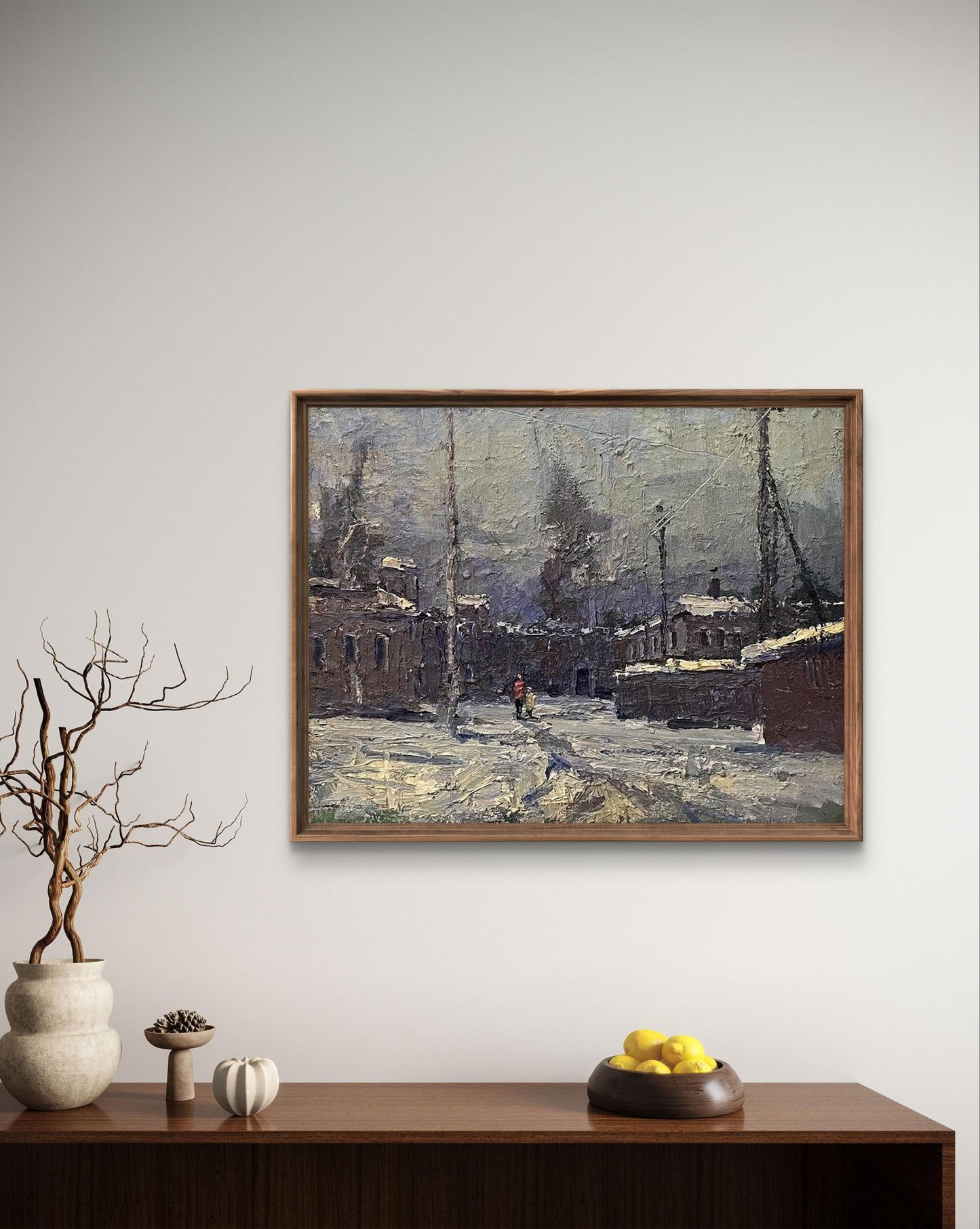 Framed oil painting of snowy village street by Volodymyr Pashchenko
