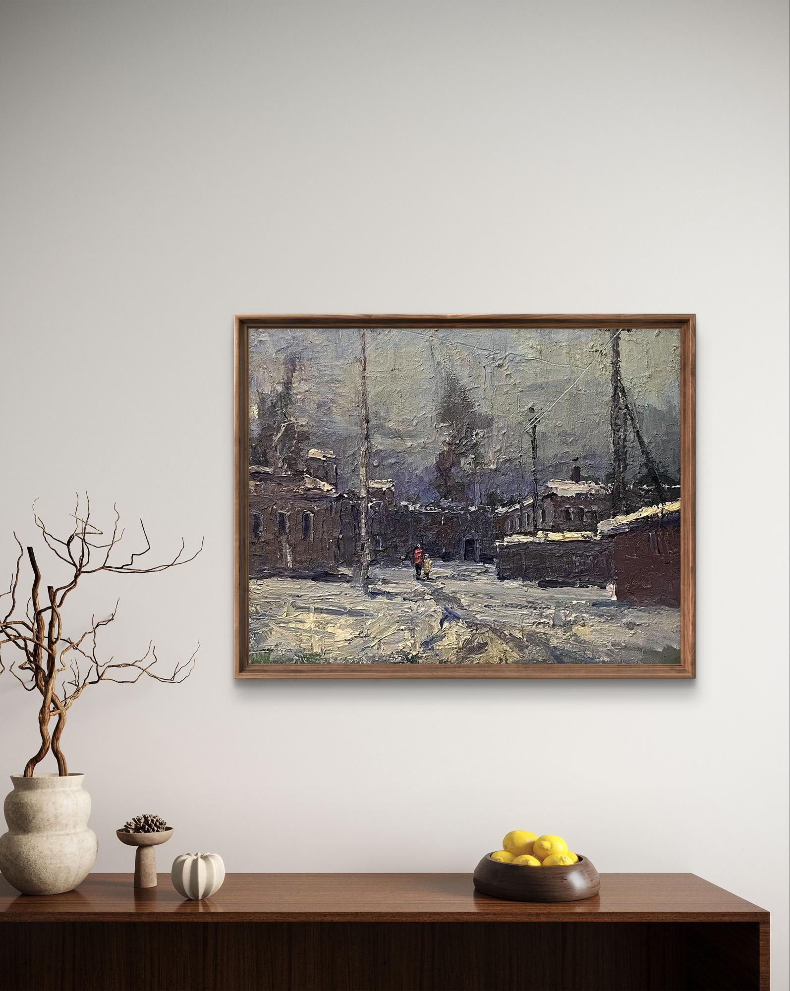 Framed oil painting of snowy village street by Volodymyr Pashchenko