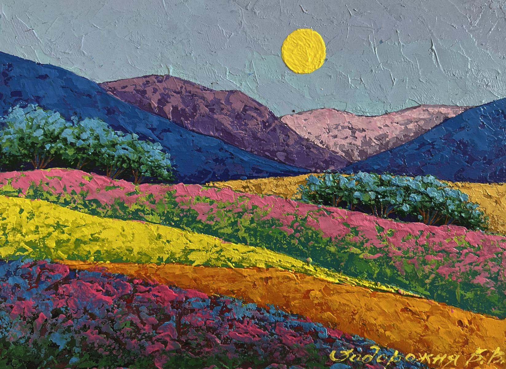 Vibrant impressionist oil painting by V. Zadorozhnya: pink, yellow, purple flower hills under textured sky