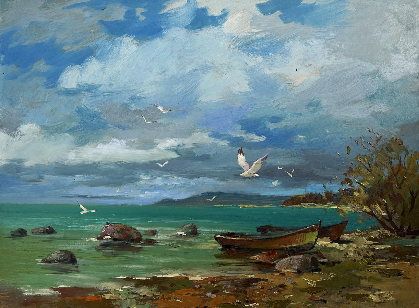 Oil painting Bound by the Current by Yuriy Suprunchuk: weathered rowboat on rocky shore