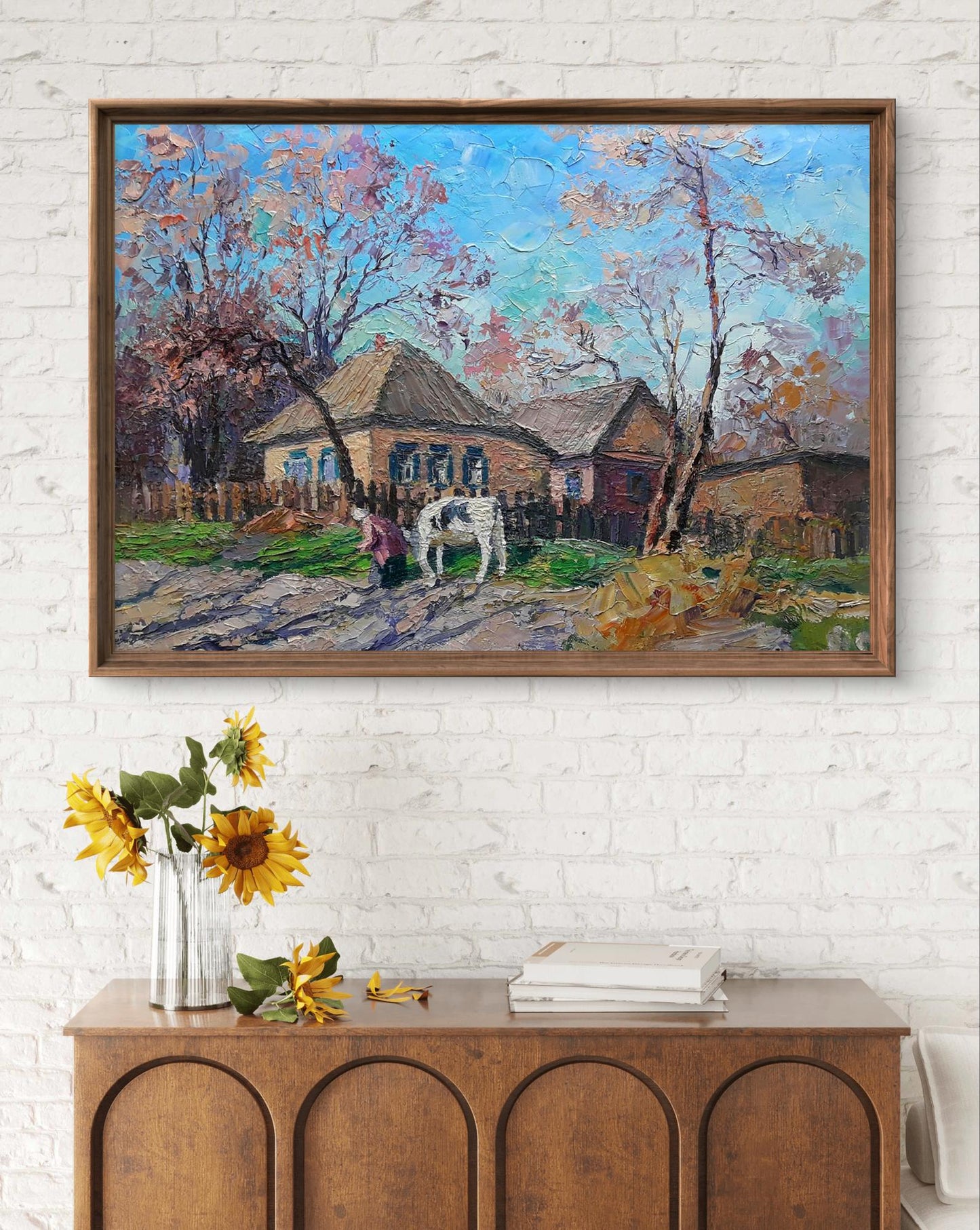 Oil painting Rural landscape by Boris Serdyuk: village with horse and trees