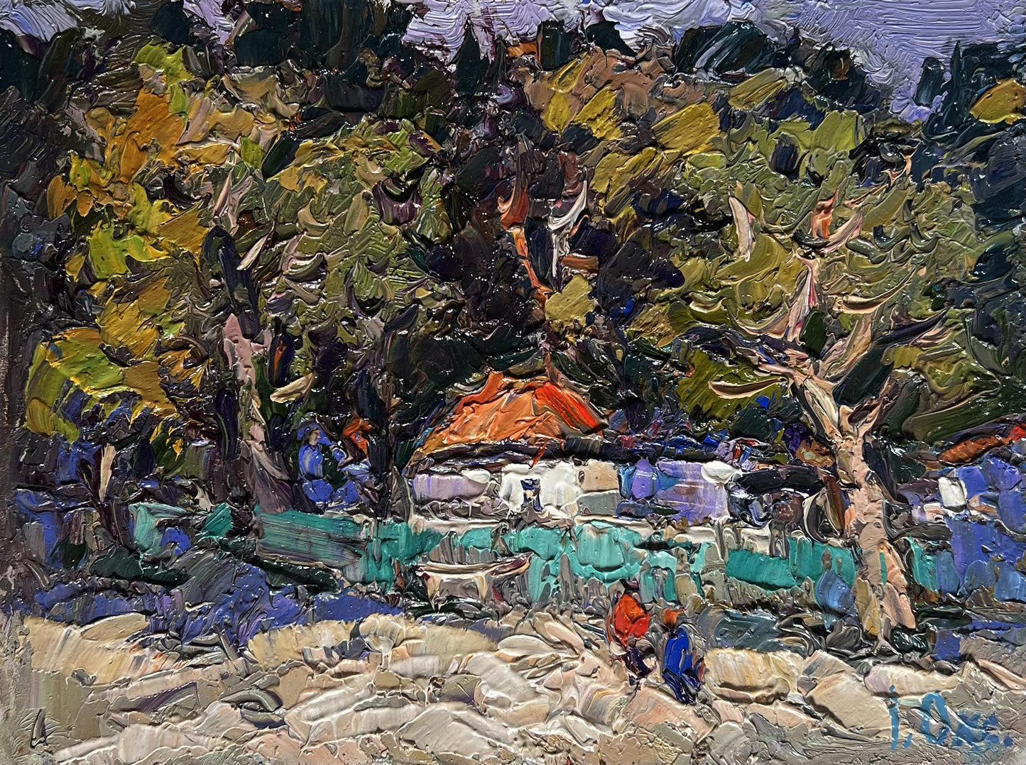 Vibrant impressionist oil painting of Oksana Ivanyuk huge garden in rustic village yard