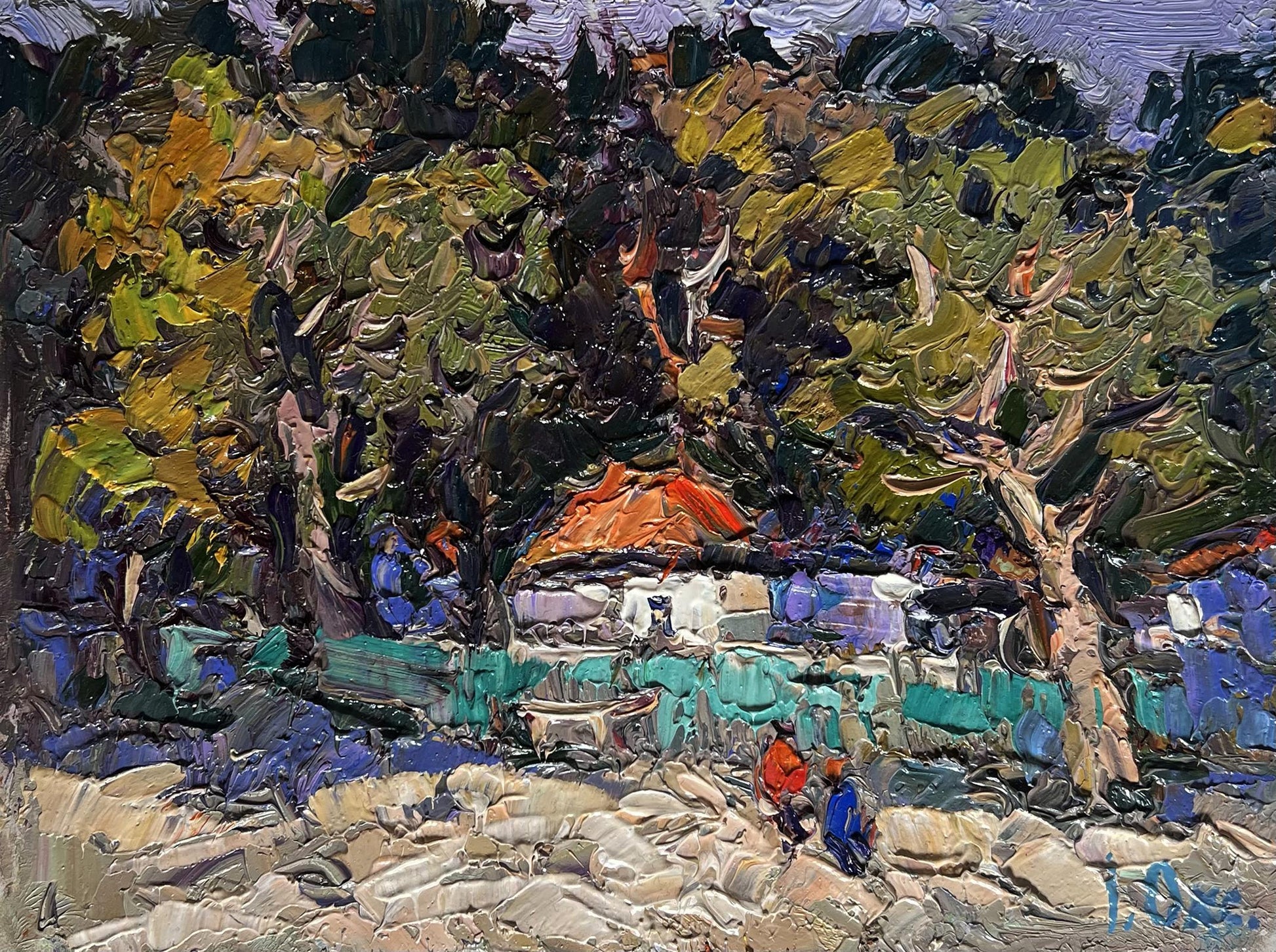 Vibrant impressionist oil painting of Oksana Ivanyuk huge garden in rustic village yard