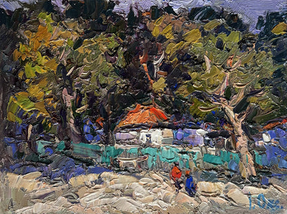 Vibrant impressionist oil painting of Oksana Ivanyuk huge garden in rustic village yard