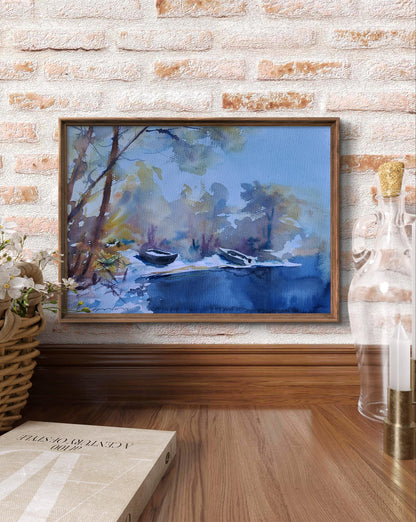 Framed Boris Serdyuk watercolor of serene snowy lakeside with boats