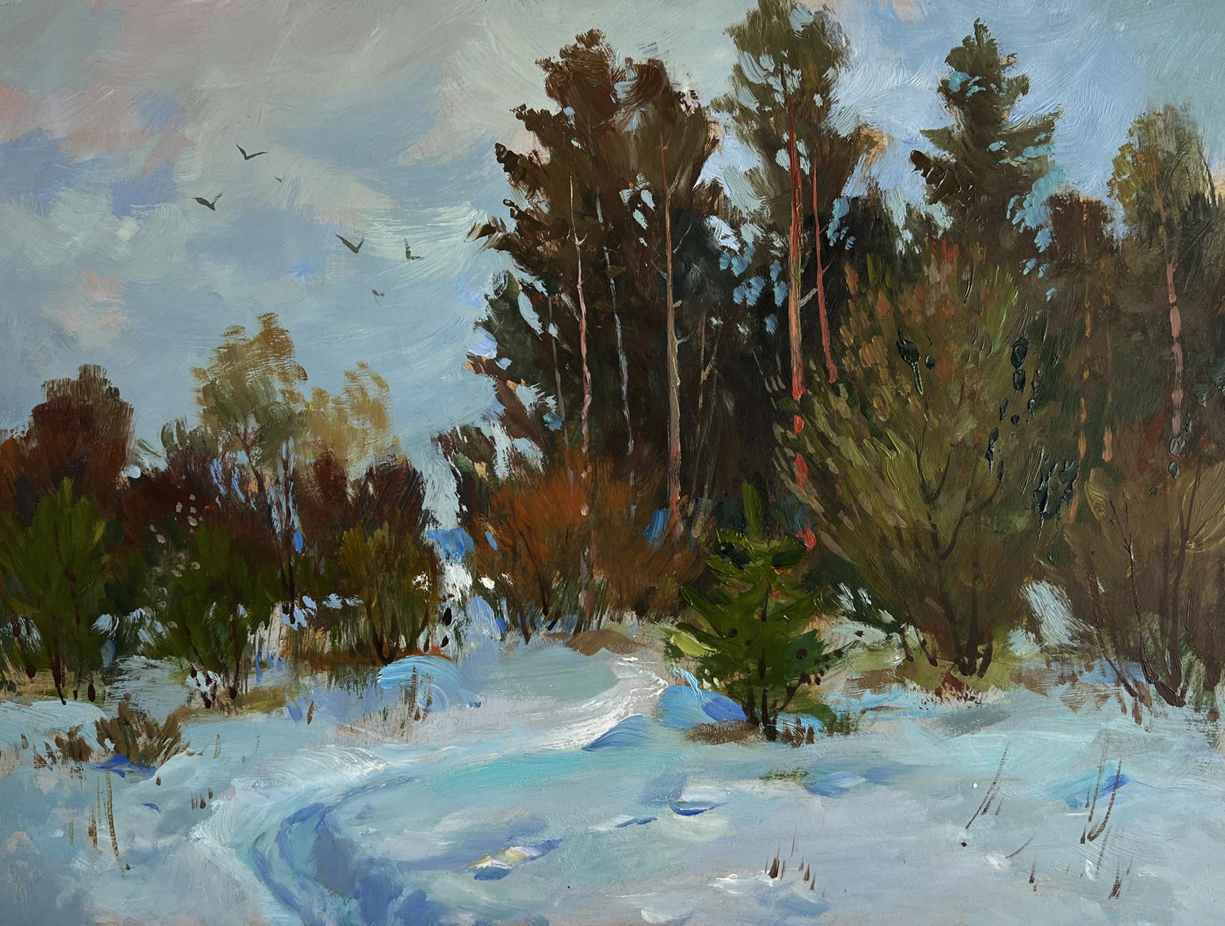 Serene winter forest path oil painting by Yuriy Suprunchuk