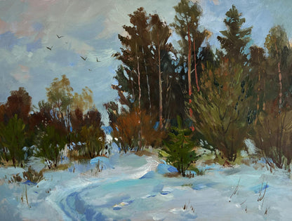 Serene winter forest path oil painting by Yuriy Suprunchuk