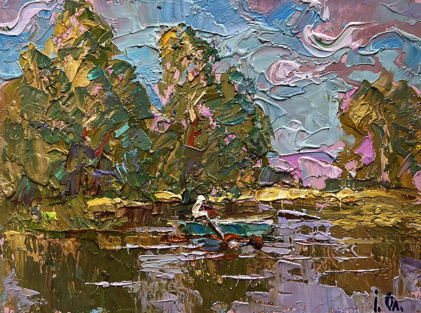 Oil painting Relaxation on a summer river by Oleksiy Ivanyuk lakeside scene