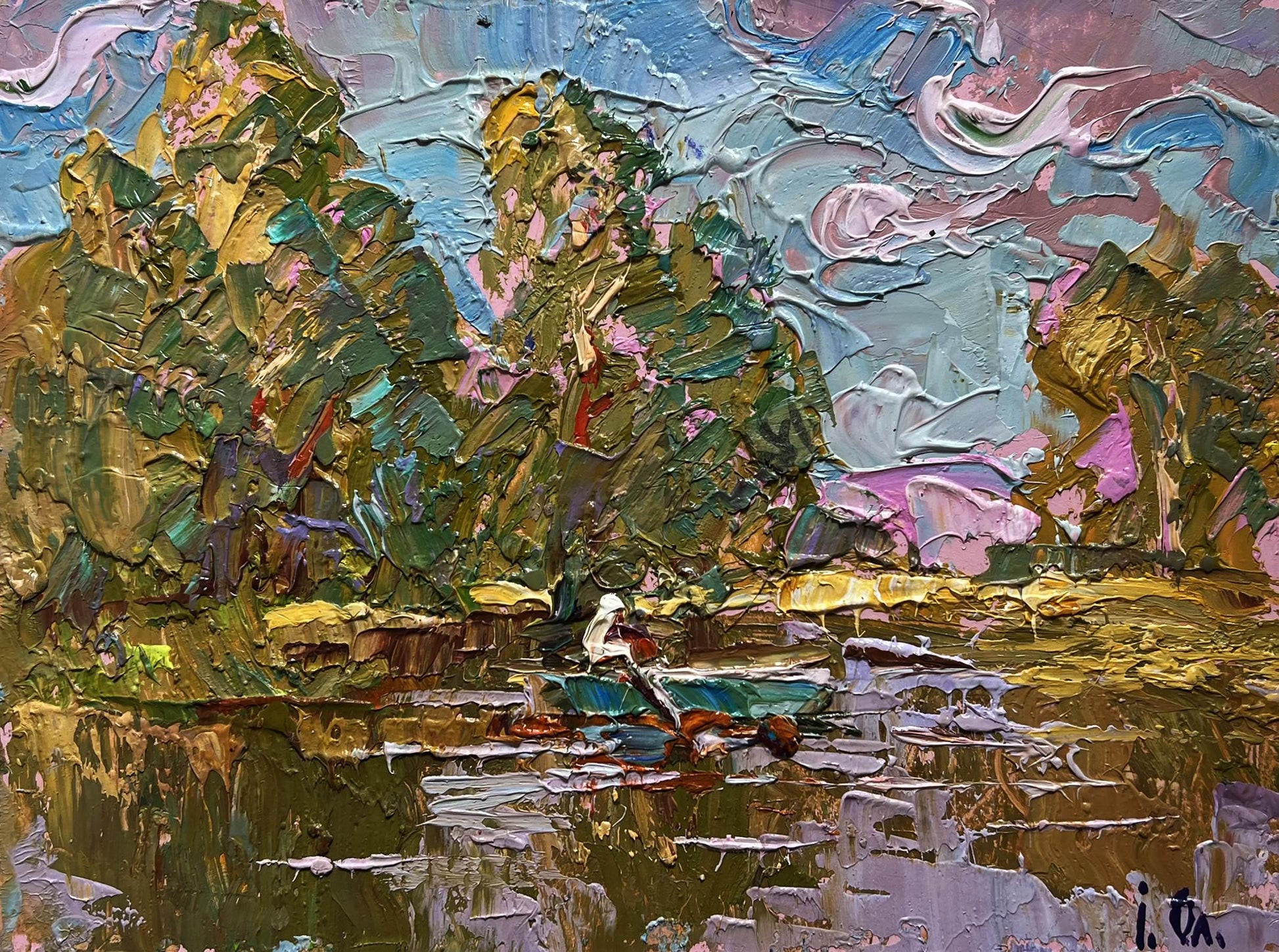 Oil painting Relaxation on a summer river by Oleksiy Ivanyuk lakeside scene