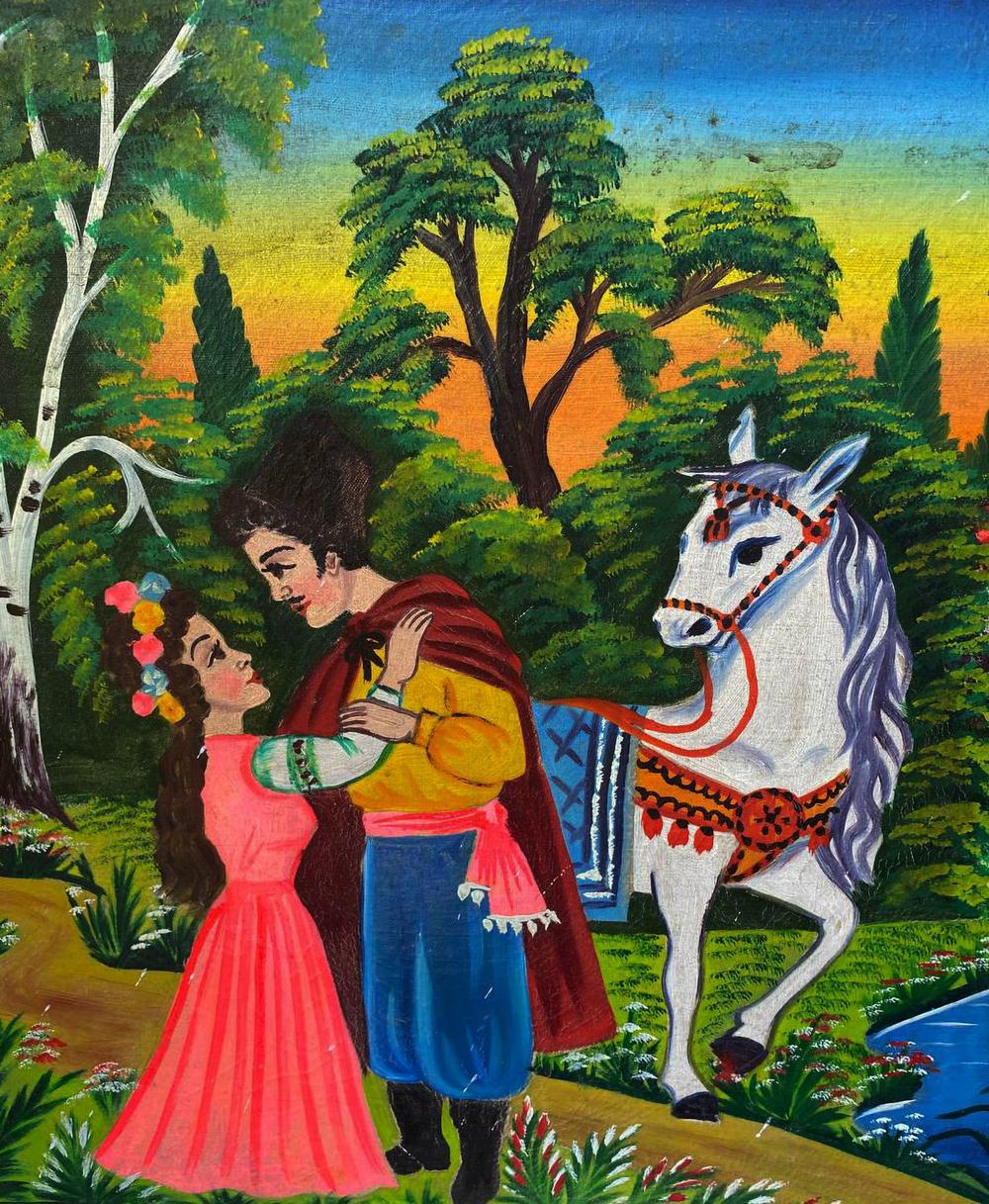 Oil painting Romantic walk by the lake: embracing couple, white horse under trees