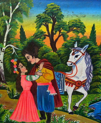 Oil painting Romantic walk by the lake: embracing couple, white horse under trees