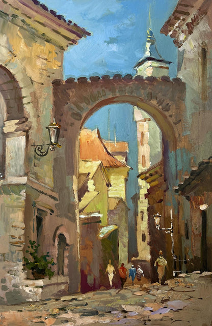 Oil painting of old city street archway by Yuriy Suprunchuk