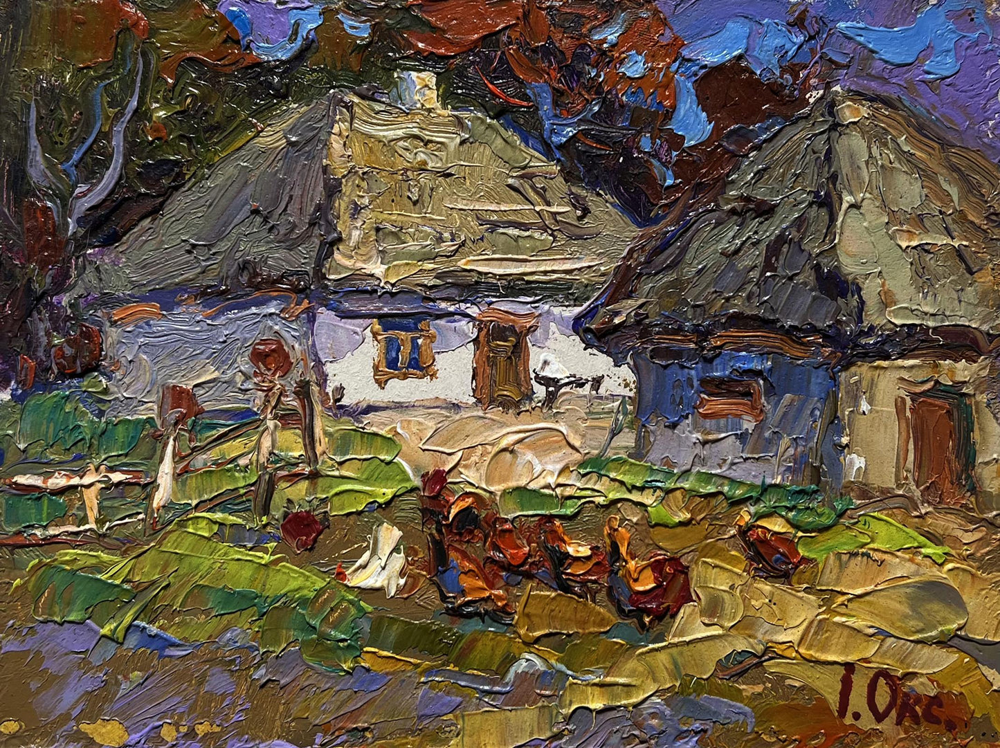 Impasto oil painting by Oksana Ivanyuk: Chickens in yard with rustic village houses