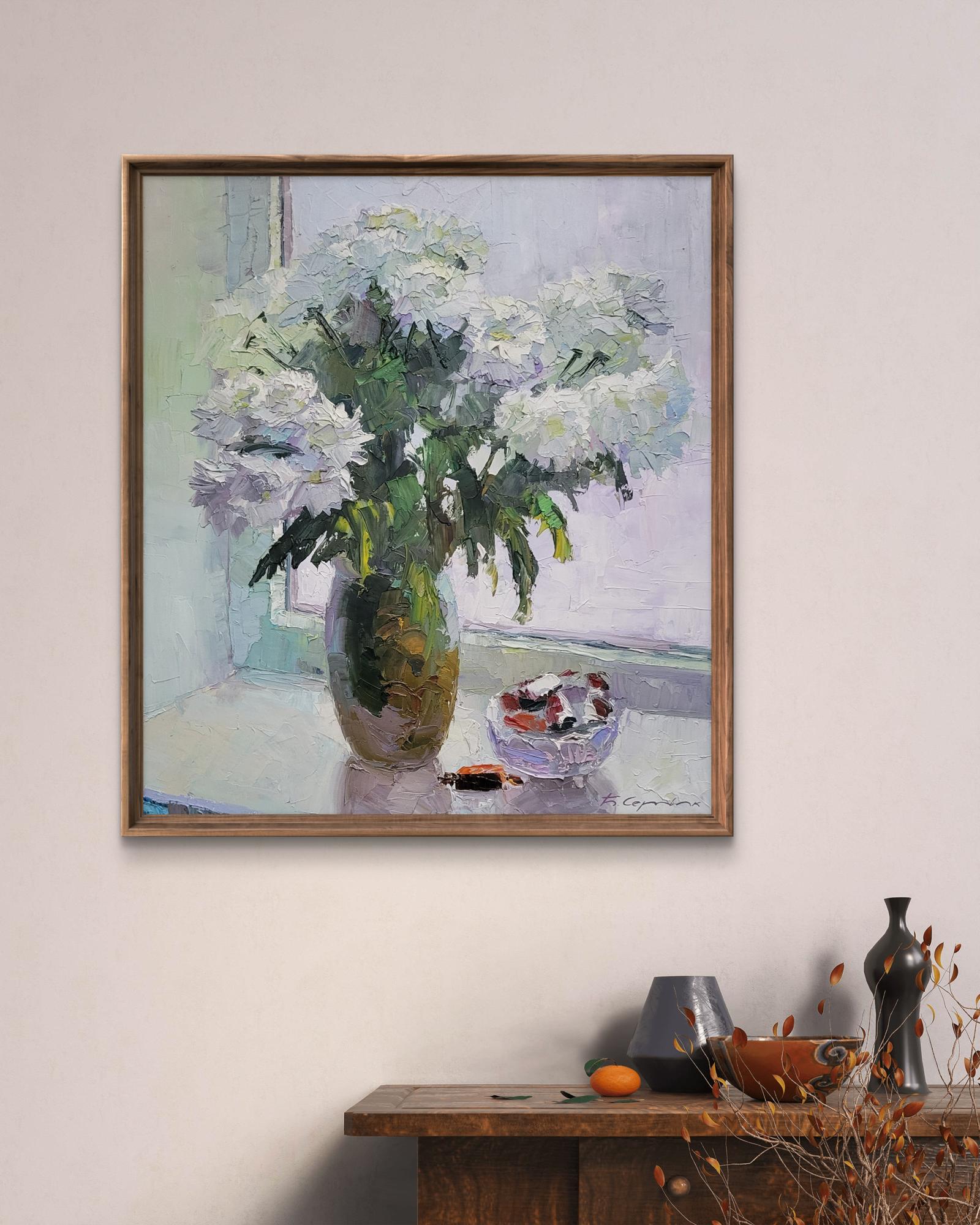 Oil painting Flowers on the window by Boris Serdyuk, lush white bouquet
