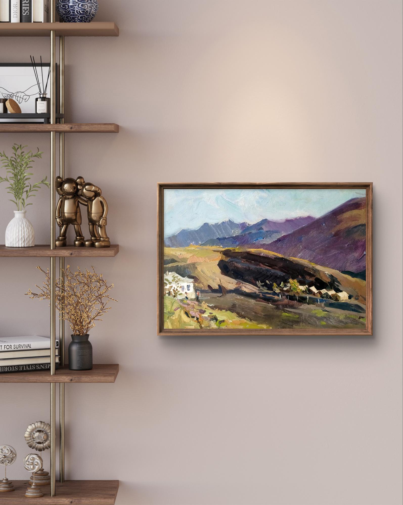 Oil painting Houses in the Valley by Oleksandr Andreev in wooden frame