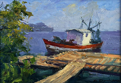 Oil painting Departure by river ferry Boris Serdyuk: red white boat purple cabin at dock
