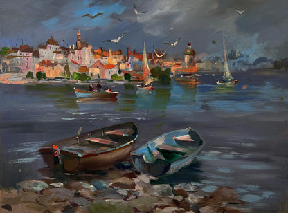 Oil painting of two weathered rowboats on rocky Venice shoreline by Yuriy Suprunchuk